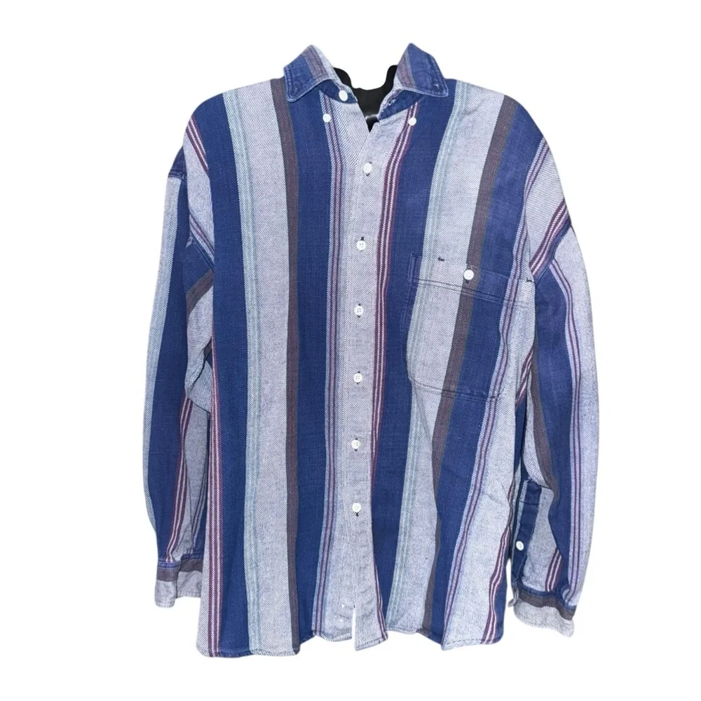 Rustic Outfitter Men’s Striped Flannel Shirt Medium Blue Button Front Cotton